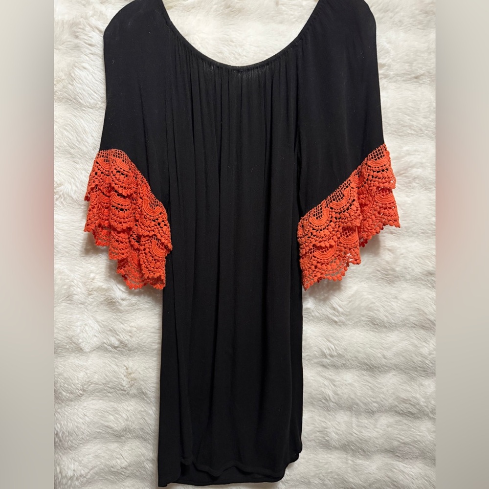 Umgee Black Mini Dress with Orange Crochet Sleeves